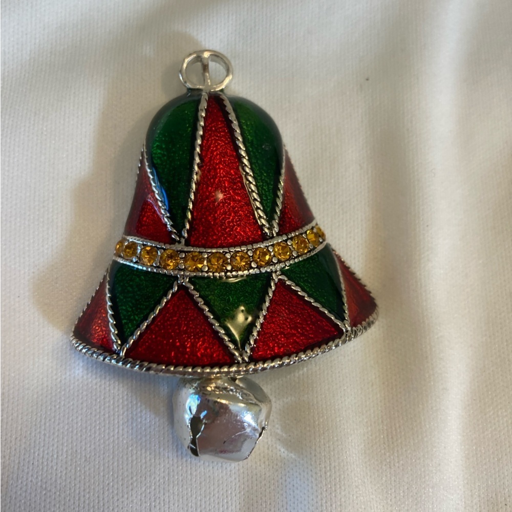 Christmas Holidays Bell Enameled Red Green Pin Brooch Yellow Rhinestones